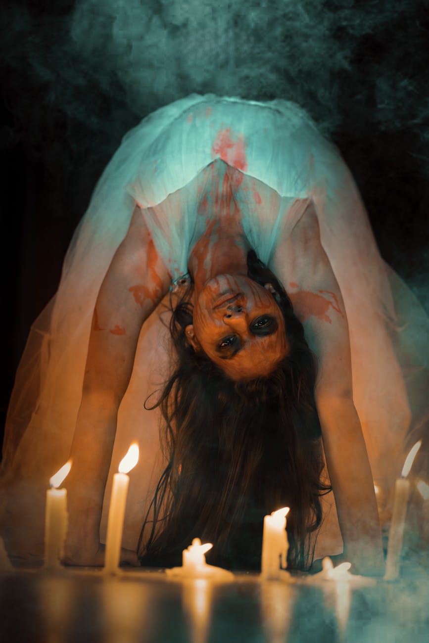 Spooky movie marathon guide with dim lighting and scary movie atmosphere.