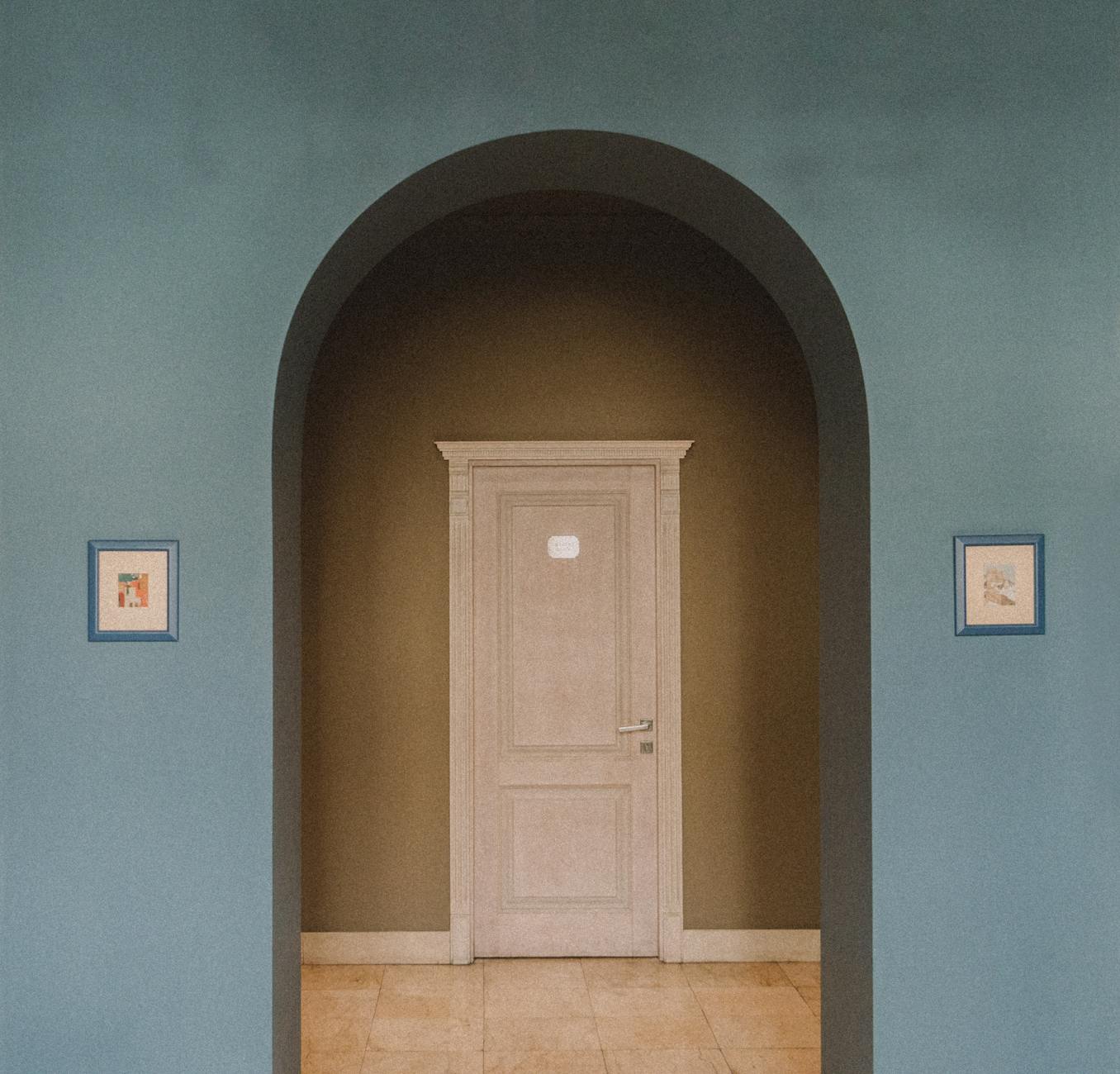 Symmetrical shot of a Wes Anderson film set with pastel colors.